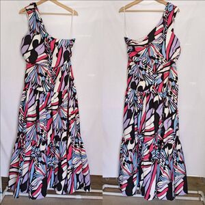 Anthropologie Maeve One-Shoulder Printed Midi Dress 14P Black White Blue Pink